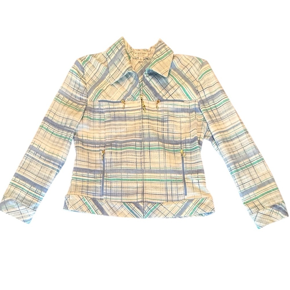 St John Cream/Teal/Blue Watercolor Plaid Gold Zip Jacket Size Large $425 - Picture 1 of 13